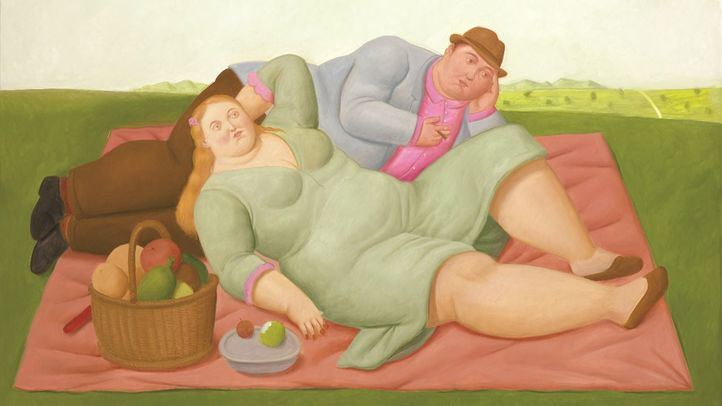 Pintura representativa de pareja en un picnic al aire libre de Botero.