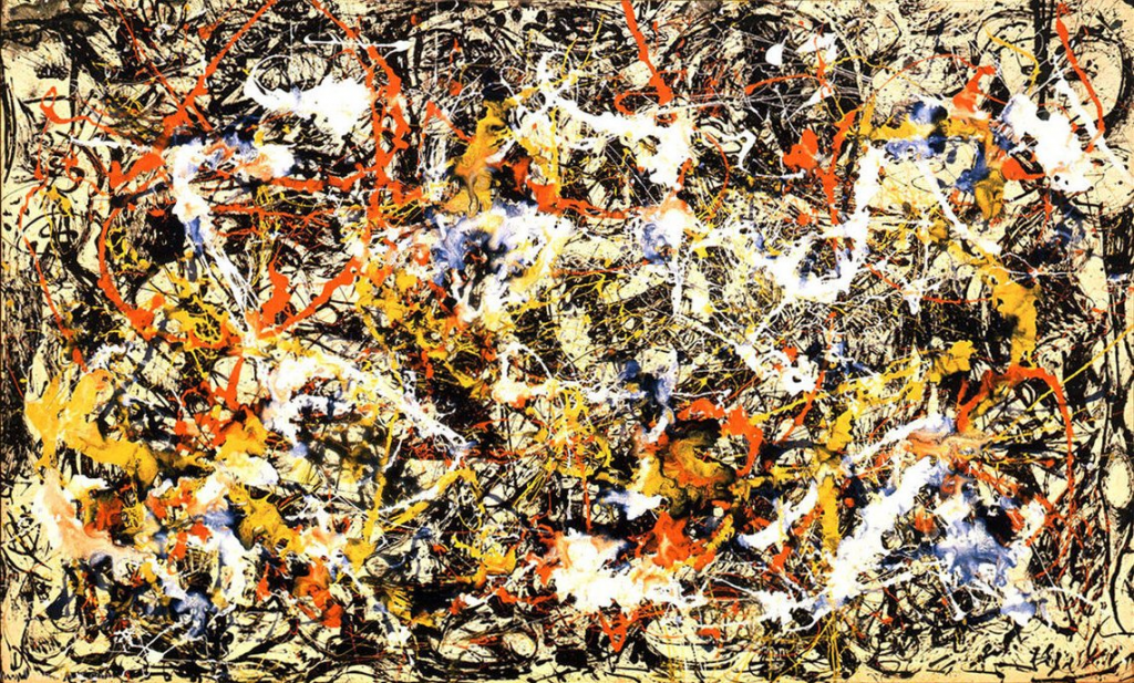 Pintura abstracta de Jackson Pollock. muestra de el estilo característico de Pollock, el cual marco la historia del arte contemporáneo.